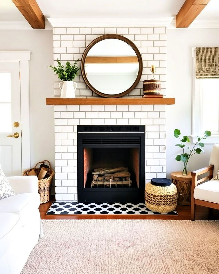 classic white subway tile fireplace