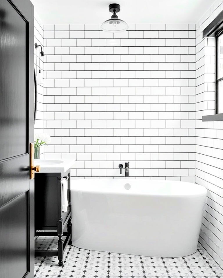 classic white subway tiles with dark grout bathroom