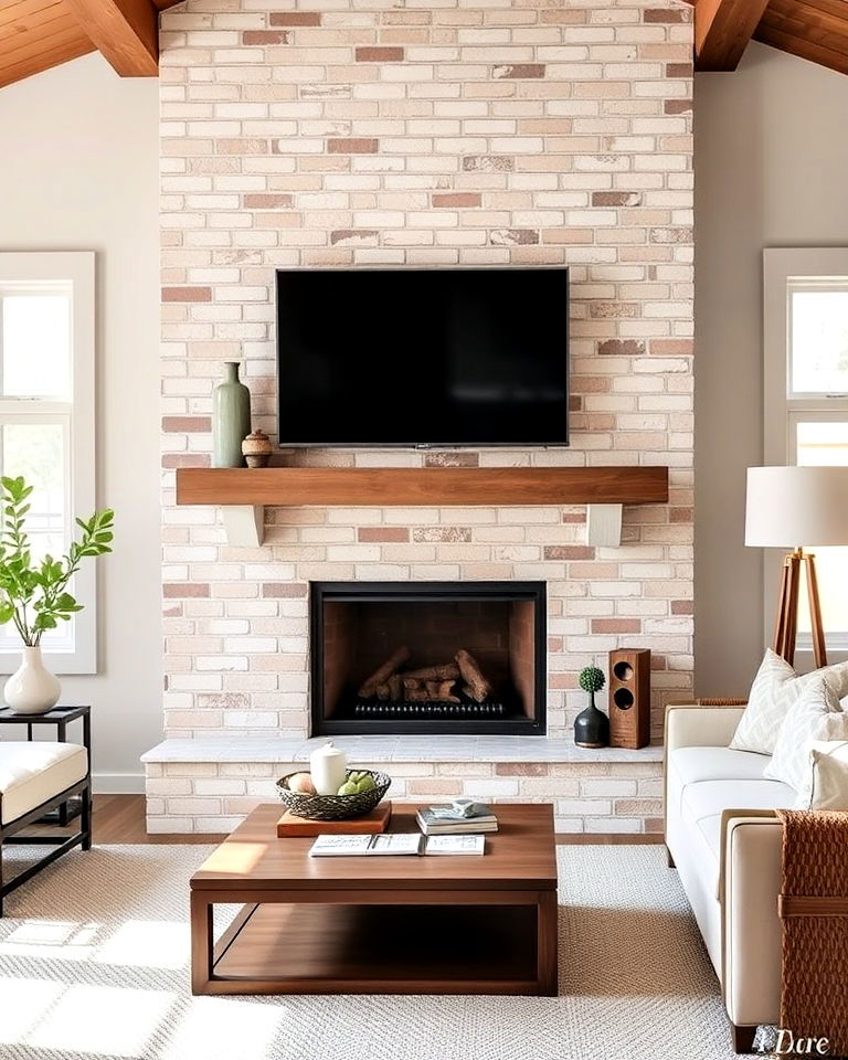 classic whitewashed brick fireplace