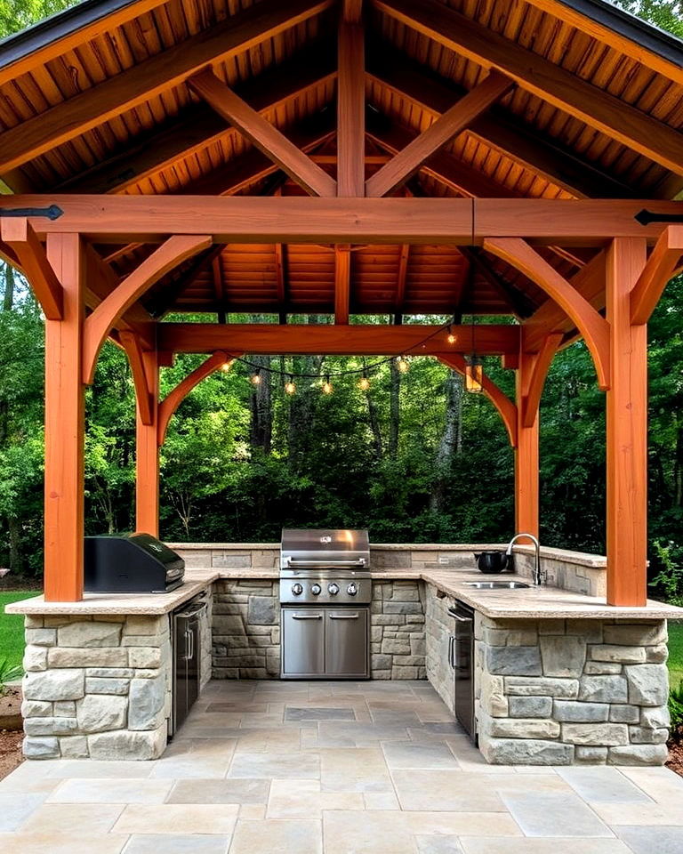 classic wooden gazebo with stone grill station