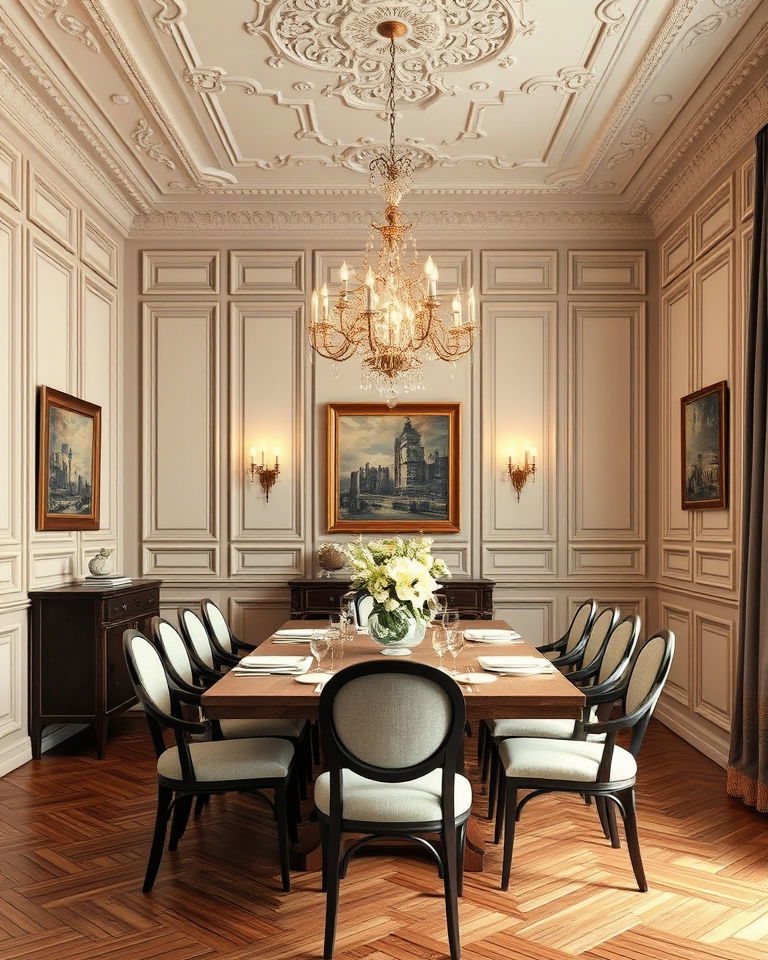 classic wooden wall paneling dining room