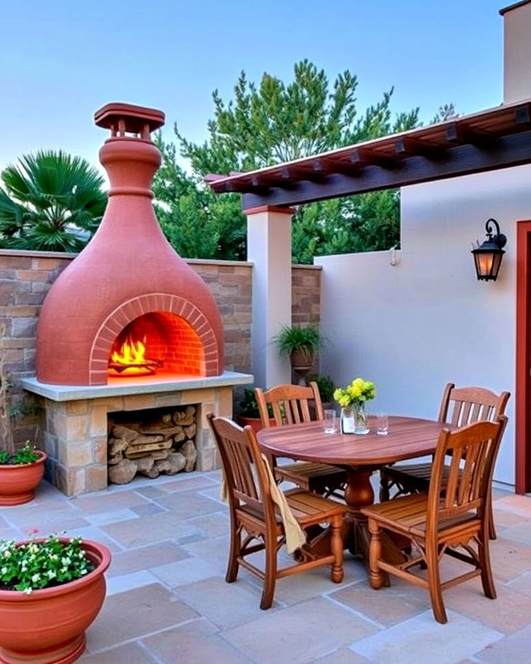 clay pizza oven with dining space