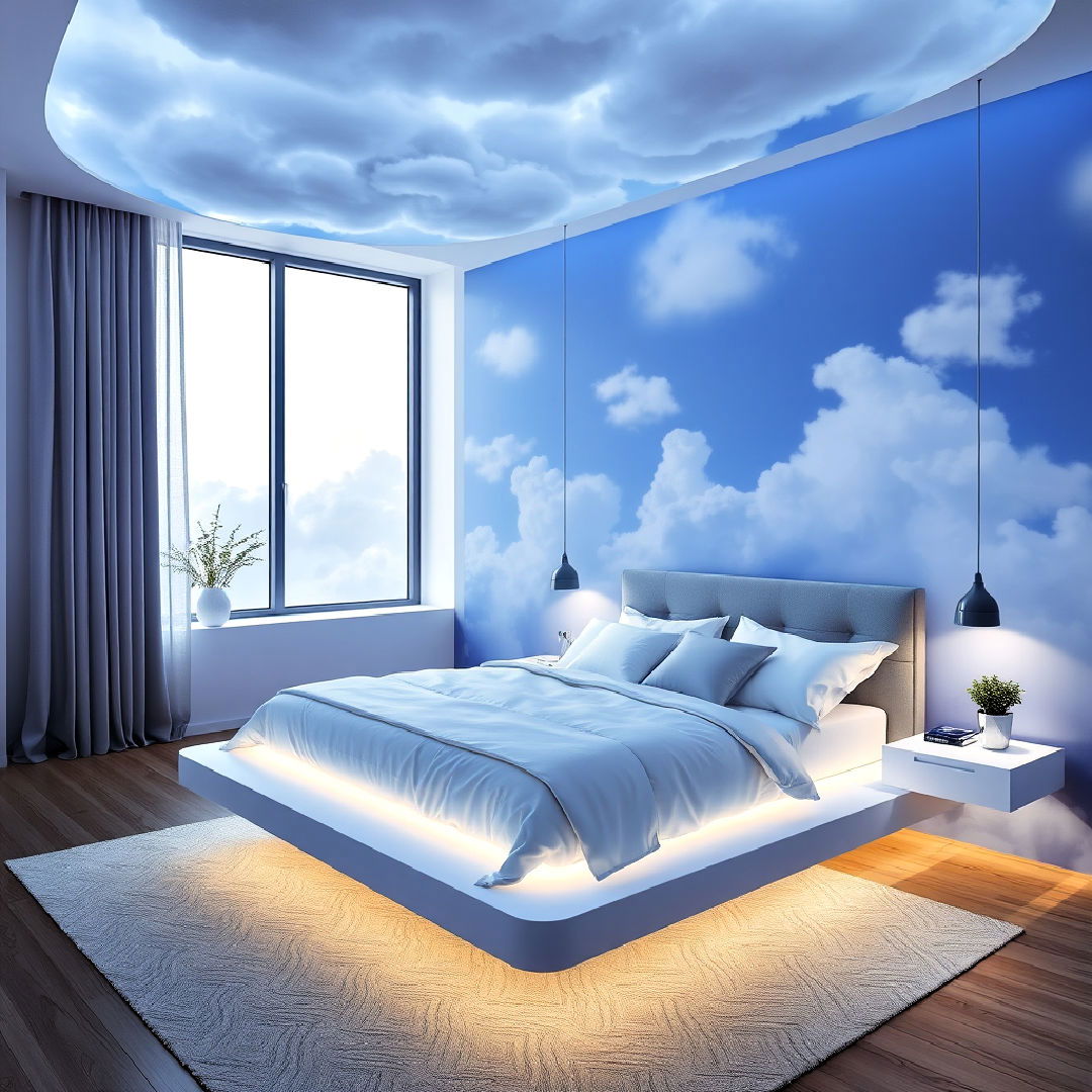 cloud themed bedroom floating bed design