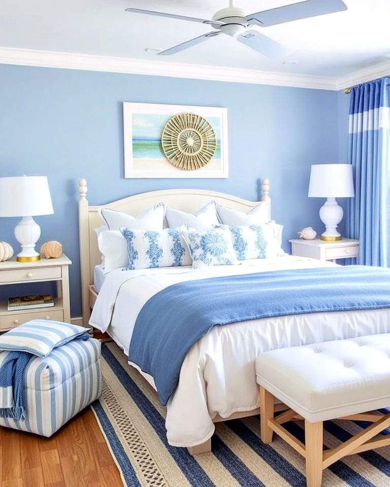 coastal blue and white palette bedroom