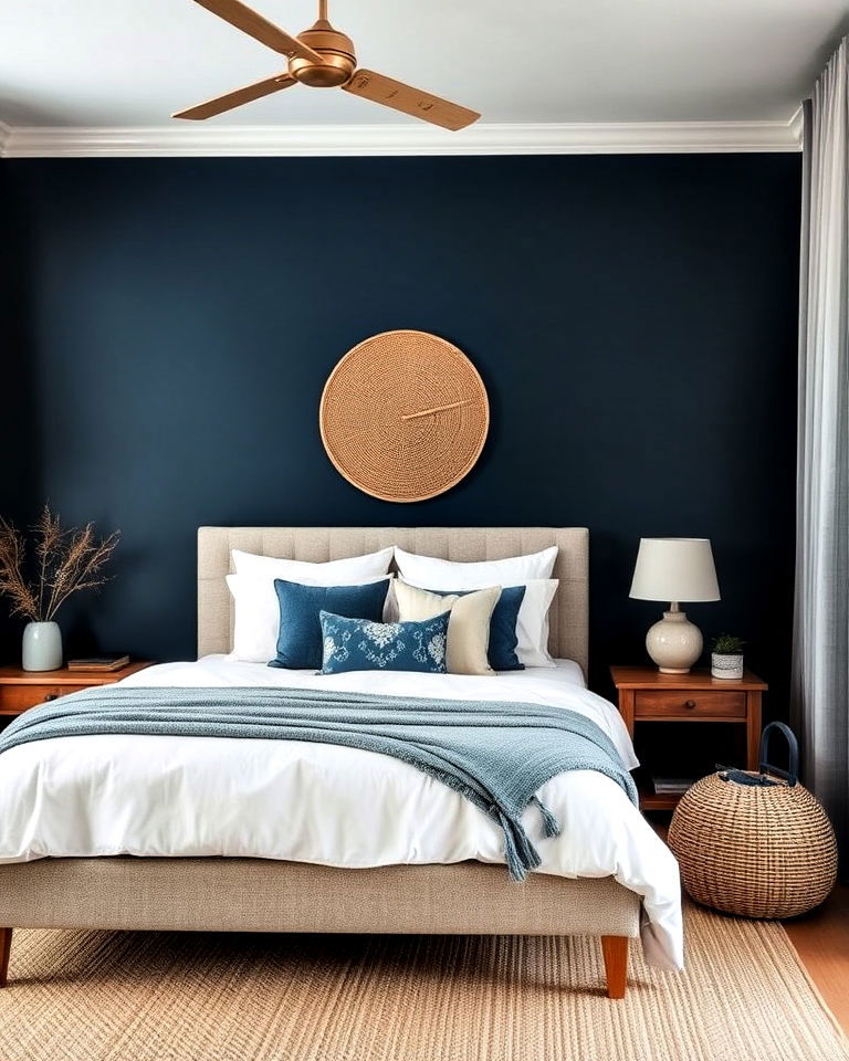 coastal blue bedroom with natural textures