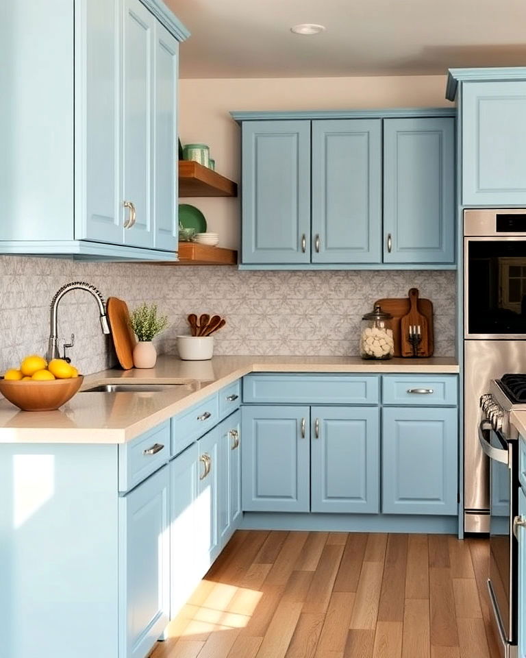 coastal blue cabinets with tile backsplash