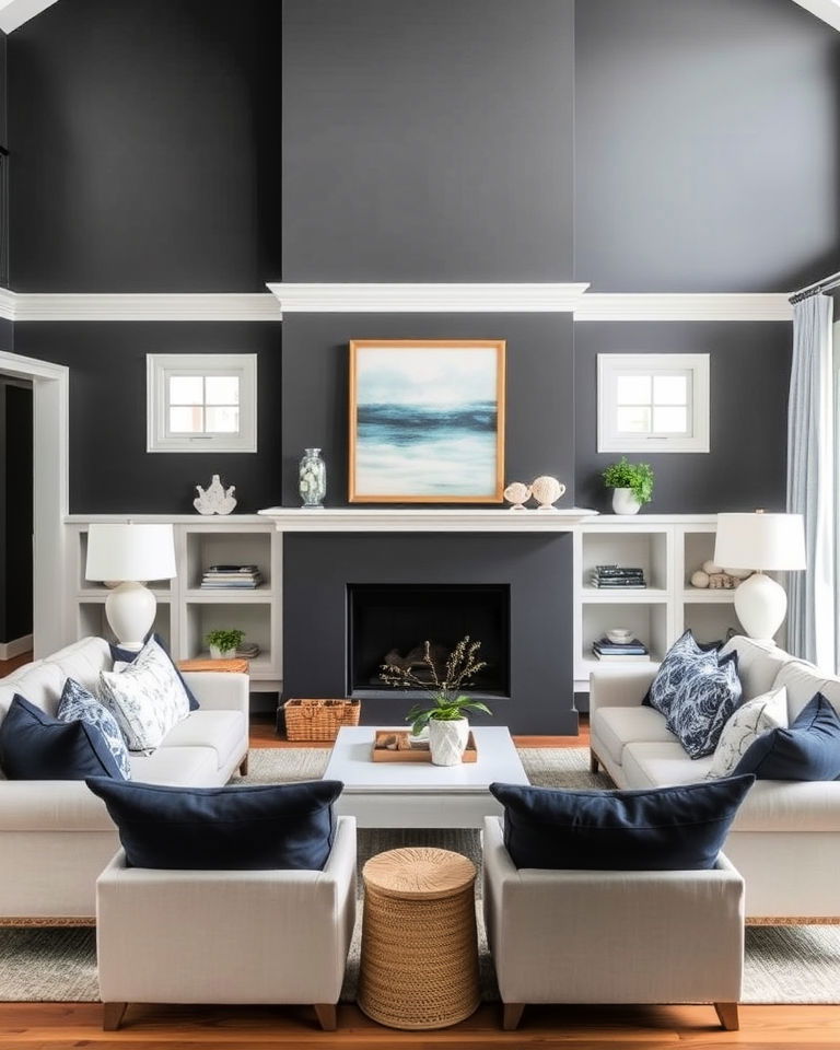 coastal chic living room with dark grey and blue accents