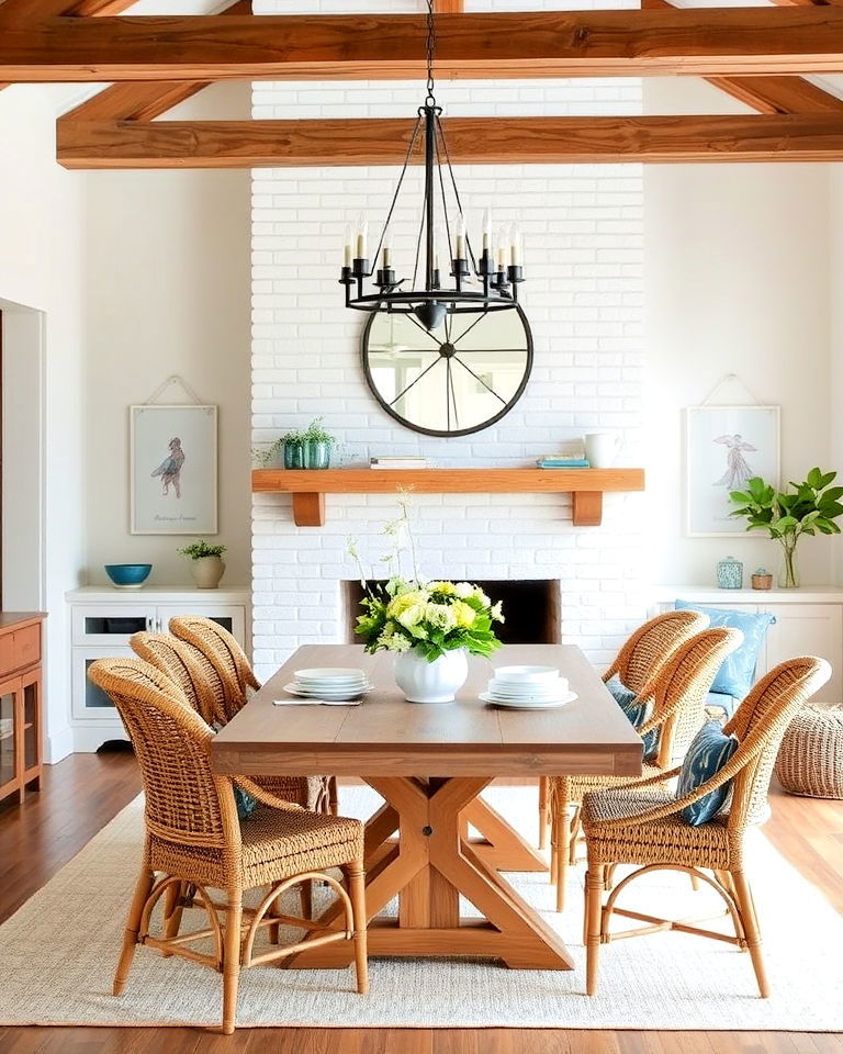 coastal dining room with whitewashed fireplace