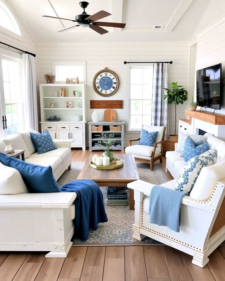 coastal farmhouse inspired beach house living room