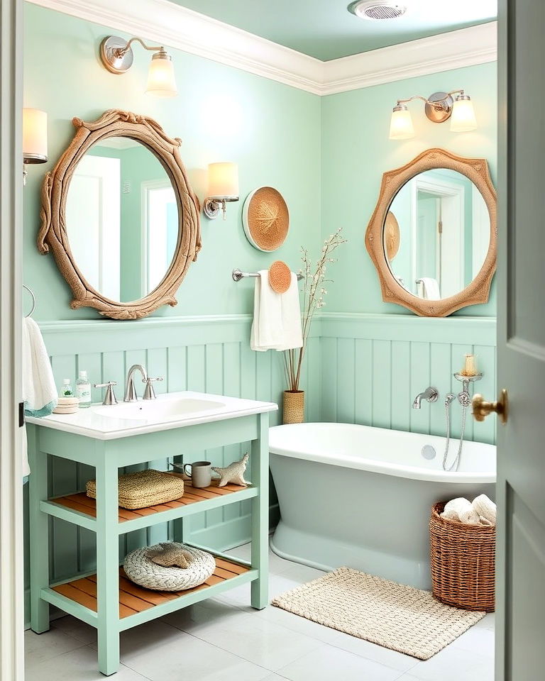 coastal inspired calming mint green bathroom