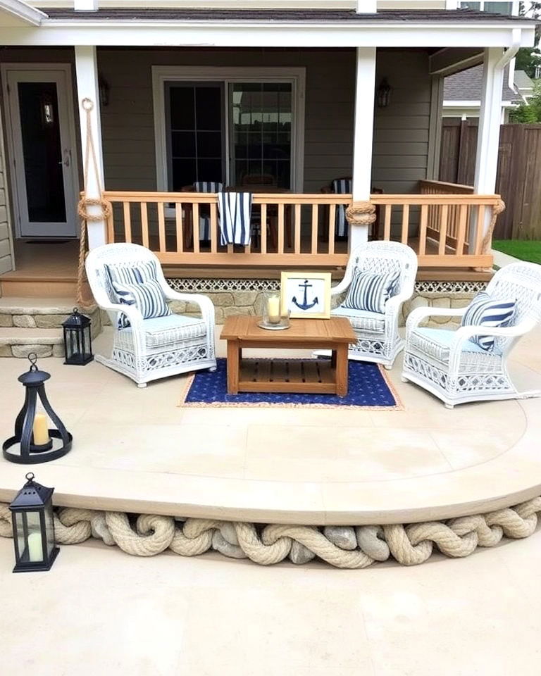 coastal inspired concrete patio with nautical decor
