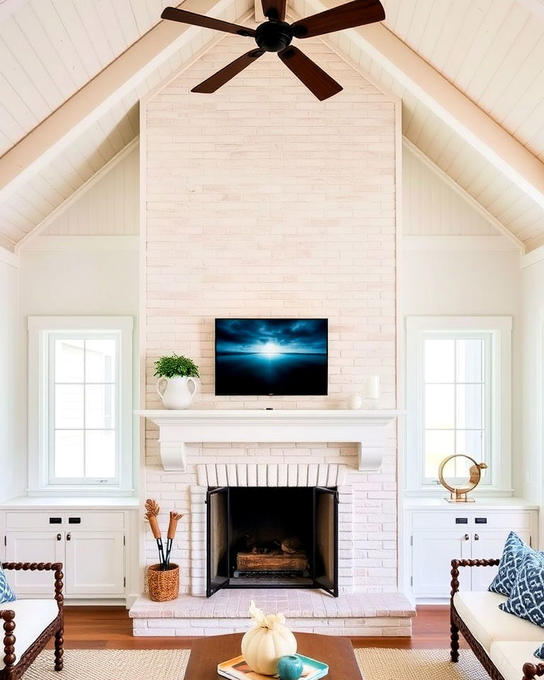 coastal inspired fireplace in a vaulted ceiling beach house