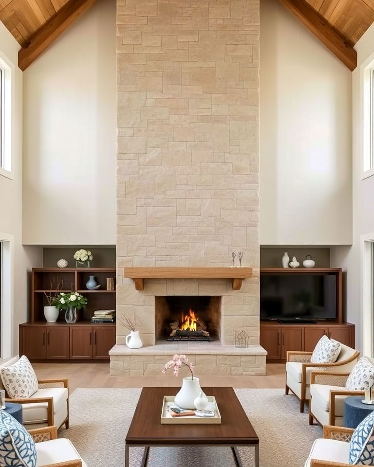 coastal inspired floor to ceiling sandstone fireplace