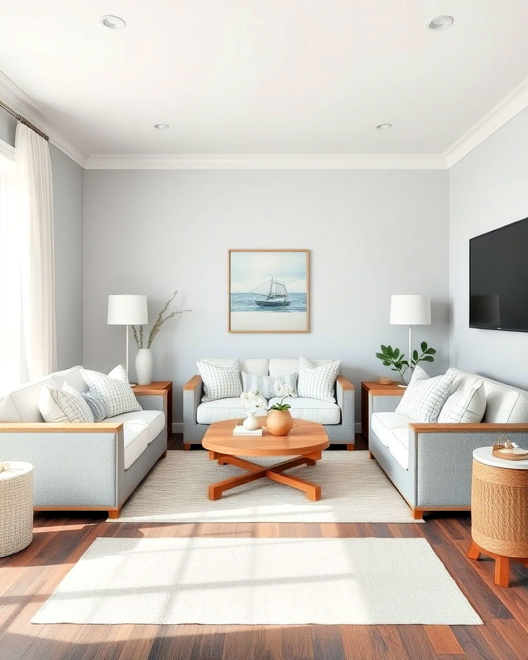 coastal inspired light grey living room with dark wood floor