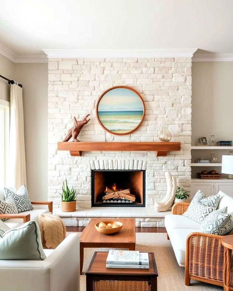 coastal inspired stacked stone fireplace