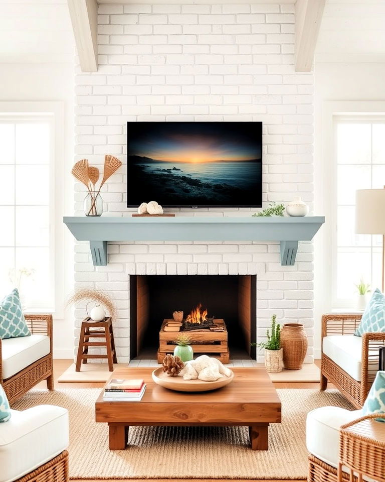 coastal style white brick fireplace