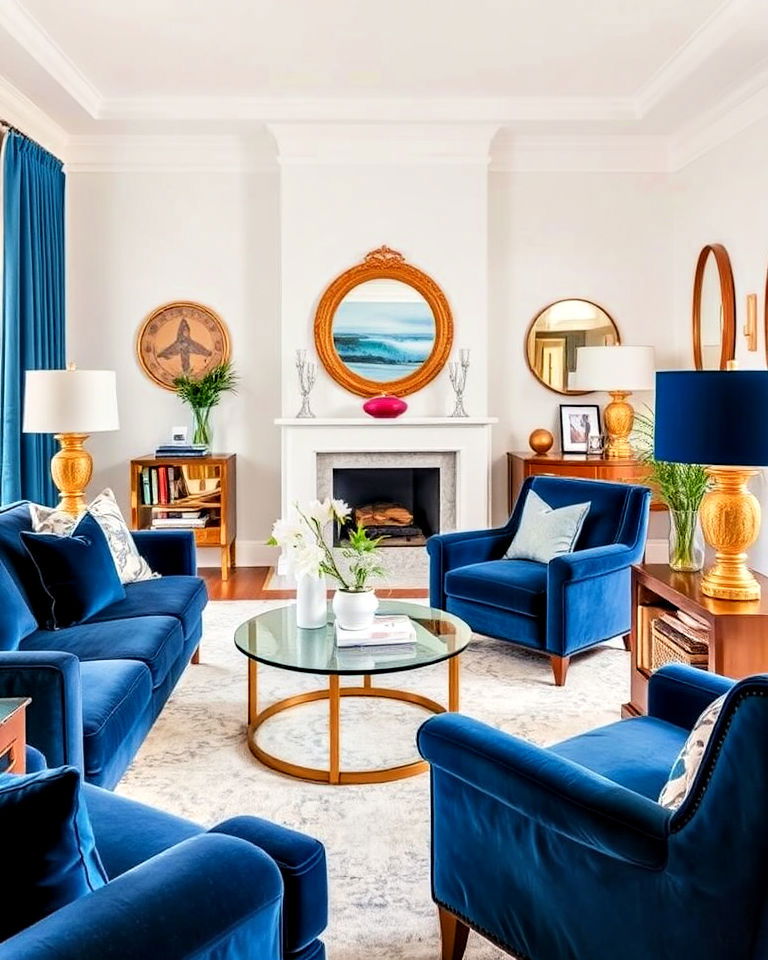 coastal themed living room with velvet and gold accents