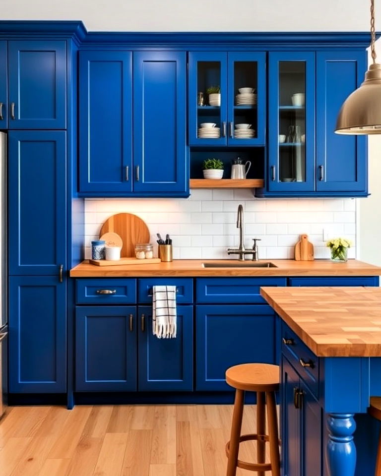 cobalt blue cabinets with butcher block countertops