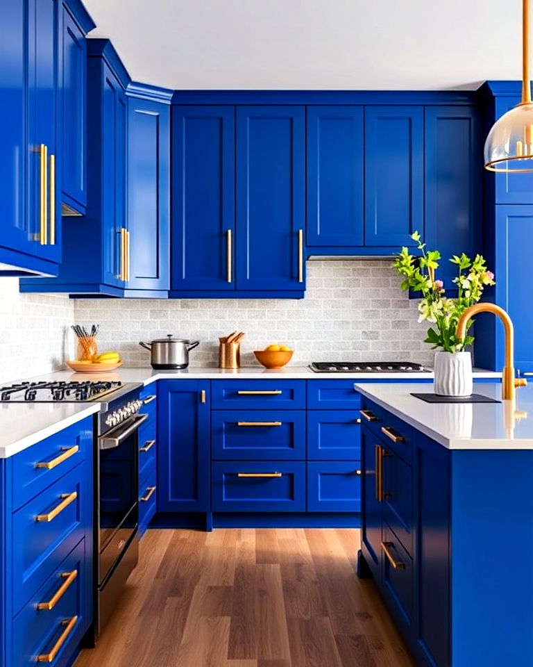 cobalt blue cabinets with modern gold handles