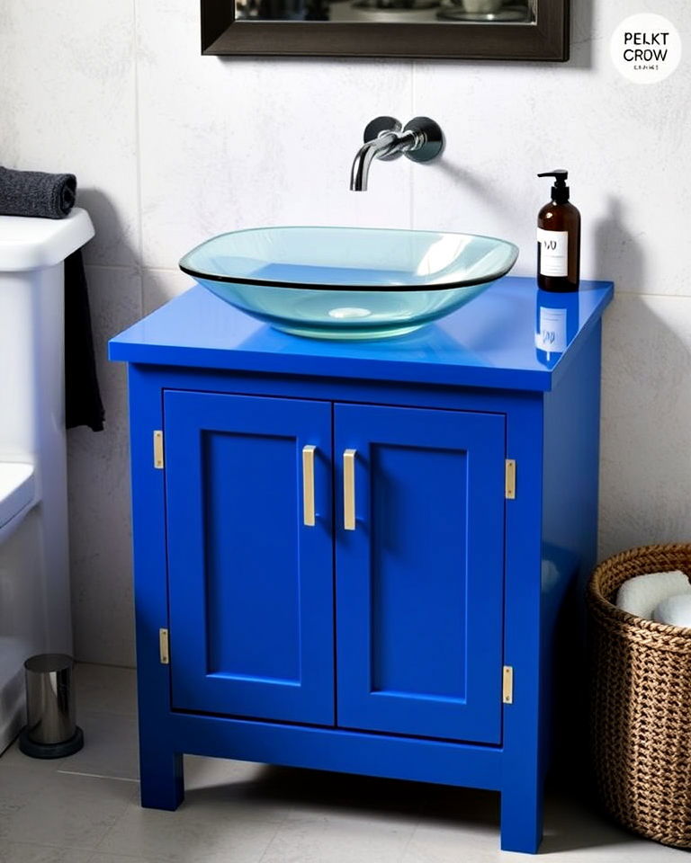 cobalt blue vanity with glass sink