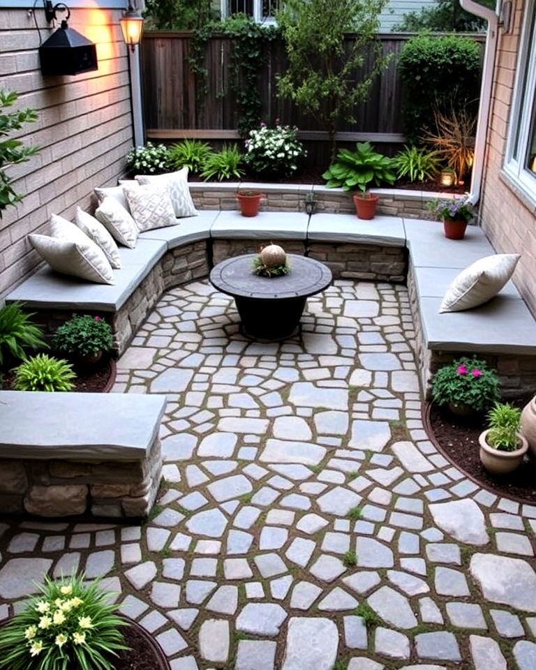 cobblestone patio with built in seating