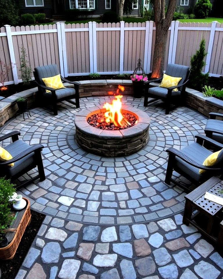 cobblestone patio with fire pit center