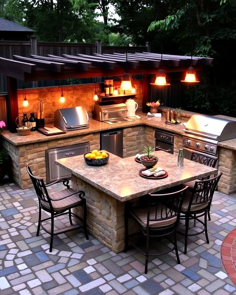 cobblestone patio with outdoor kitchen