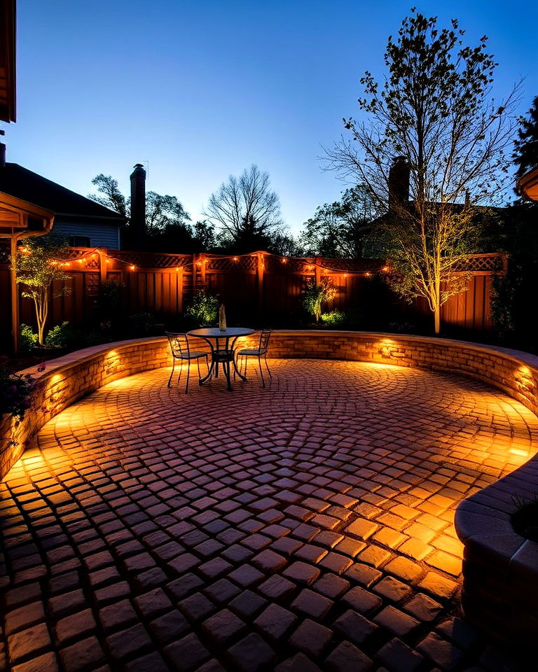 cobblestone patio with outdoor lighting