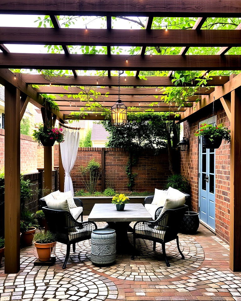 cobblestone patio with pergola