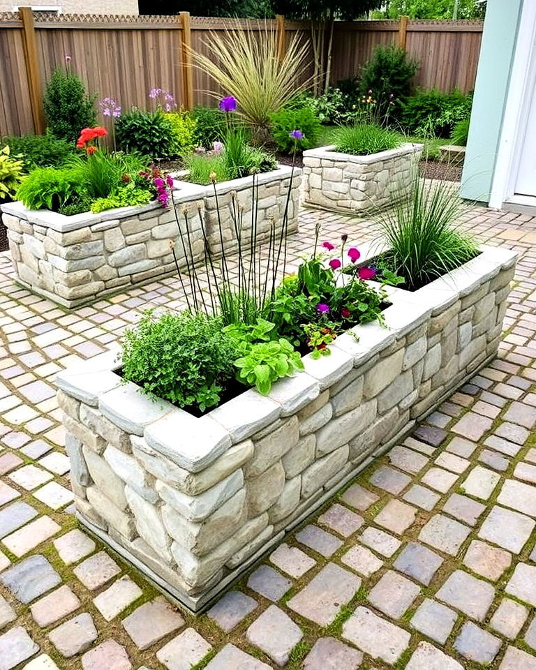 cobblestone patio with raised planters
