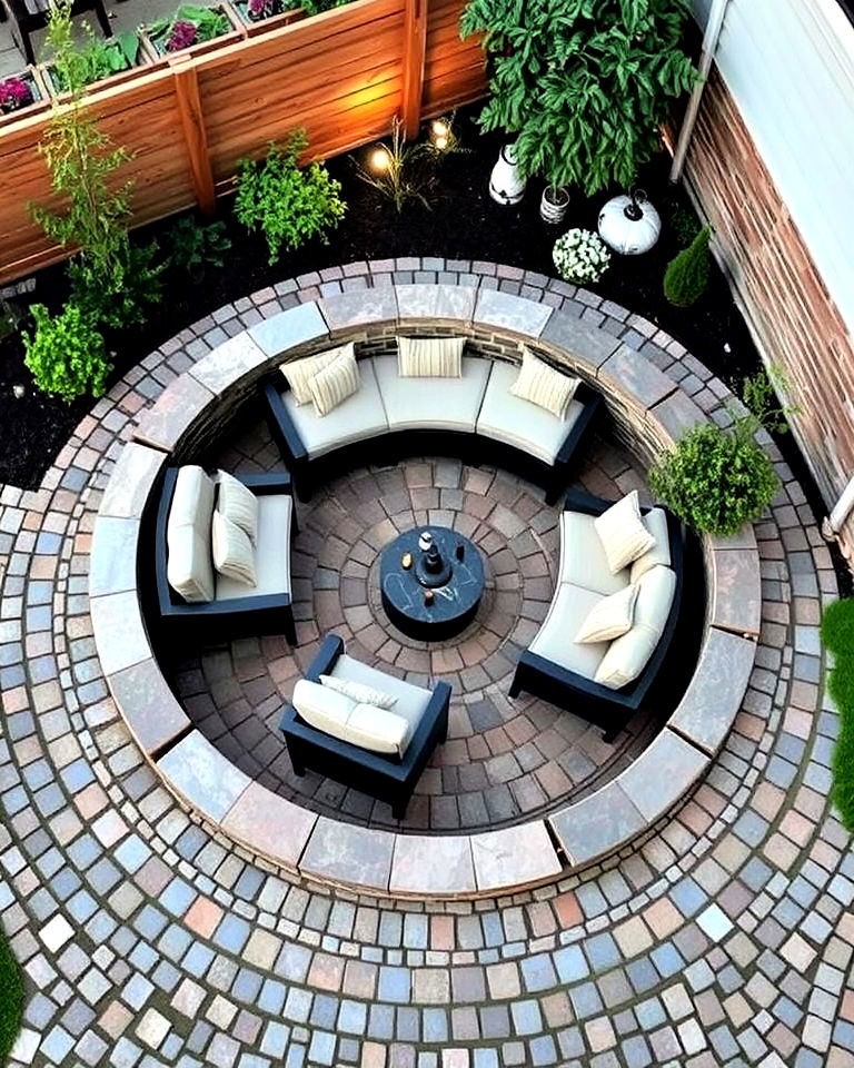 cobblestone patio with sunken seating area