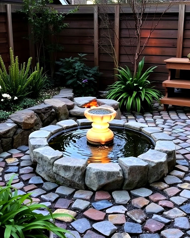 cobblestone patio with water feature