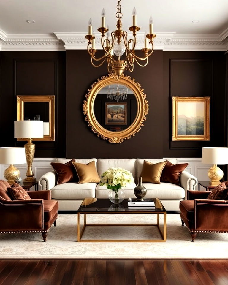 coffee brown and gold accents living room for a glamorous touch