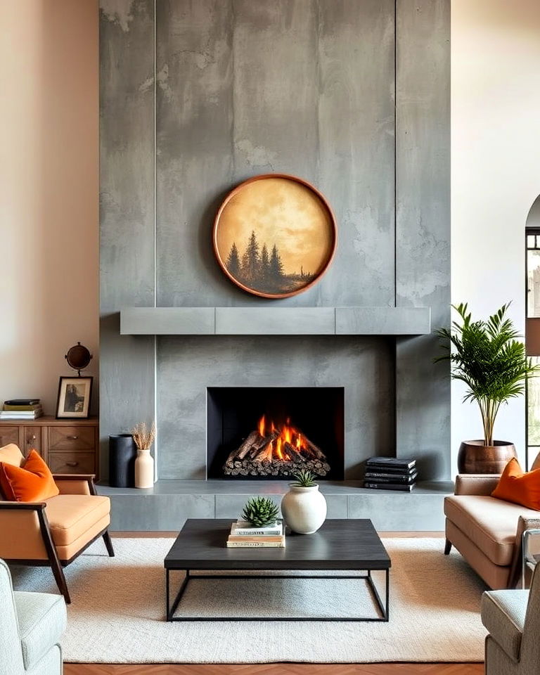 color tinted concrete fireplace design