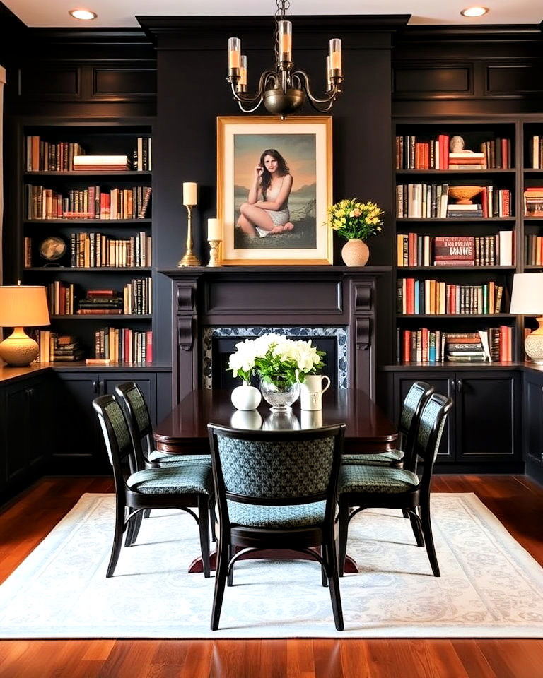 combine a fireplace with bookshelves and dining