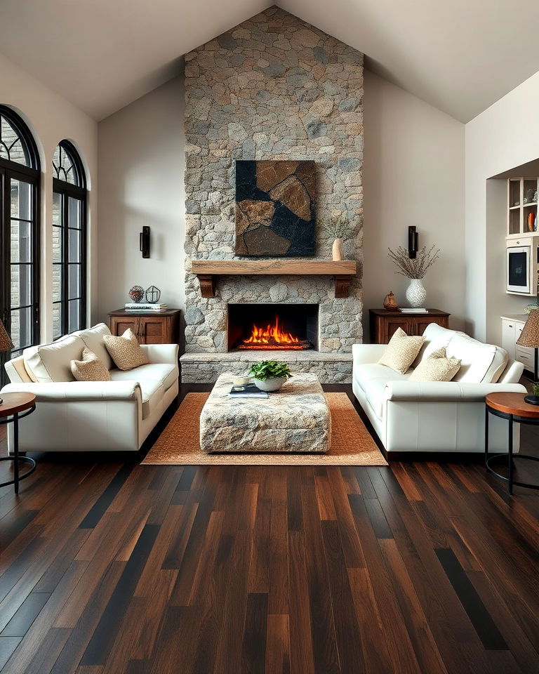 combine dark floor with stone accents