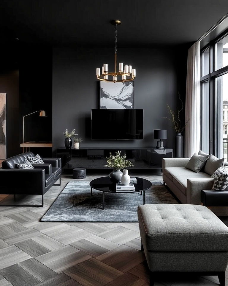 combine grey living room floor with black accents