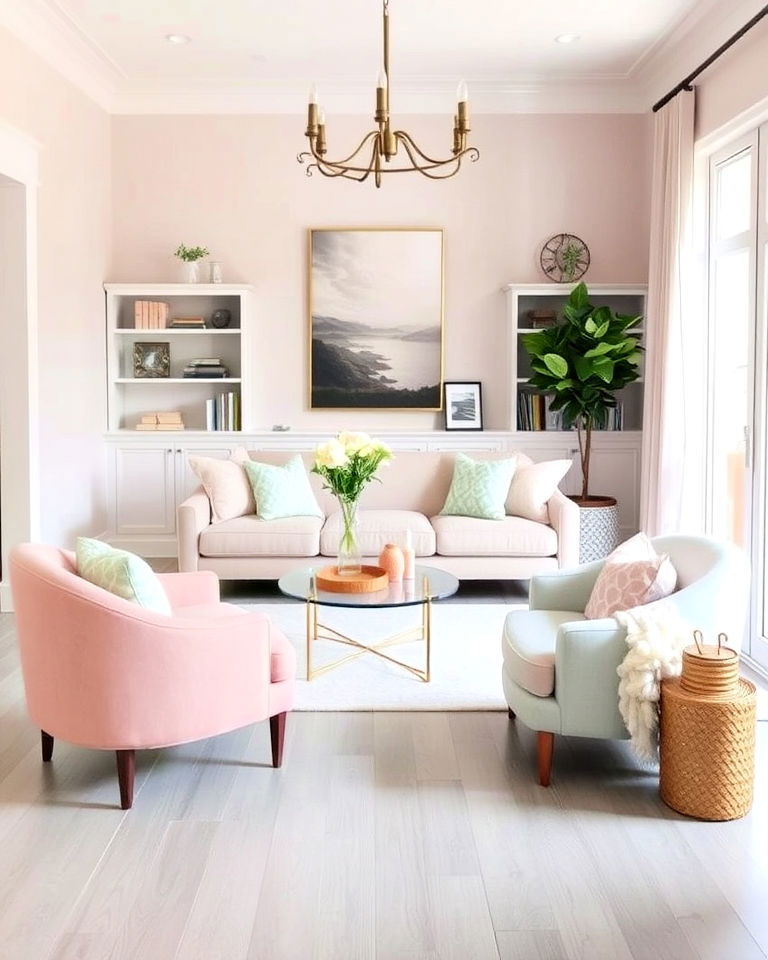 combine grey living room flooring with pastel accents