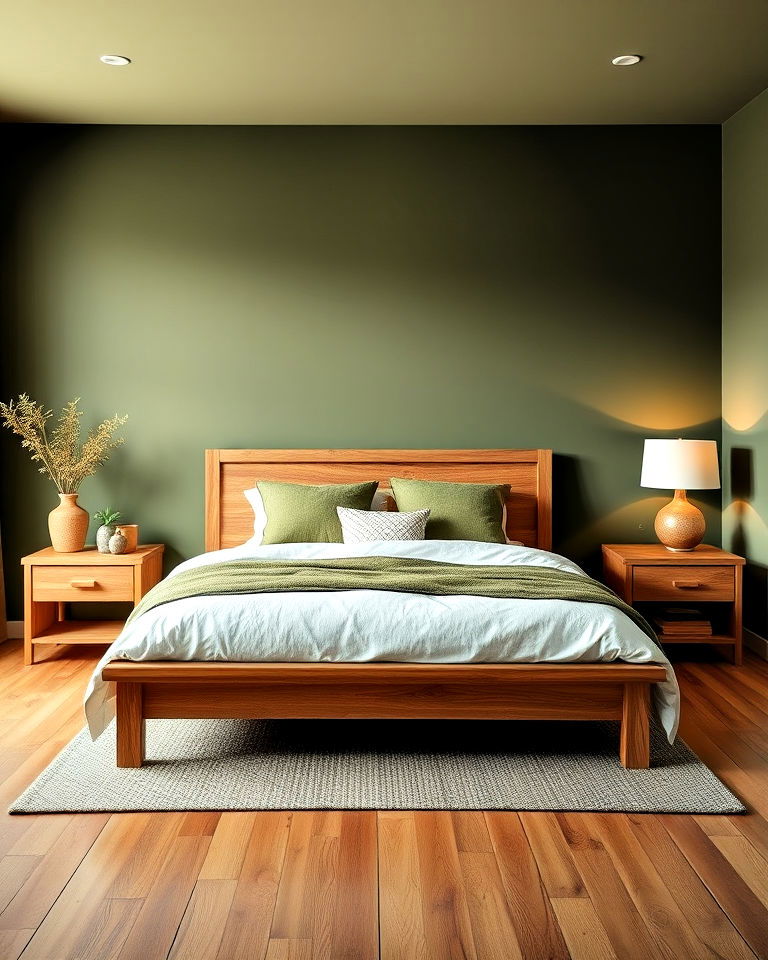 combine olive green with natural wood elements