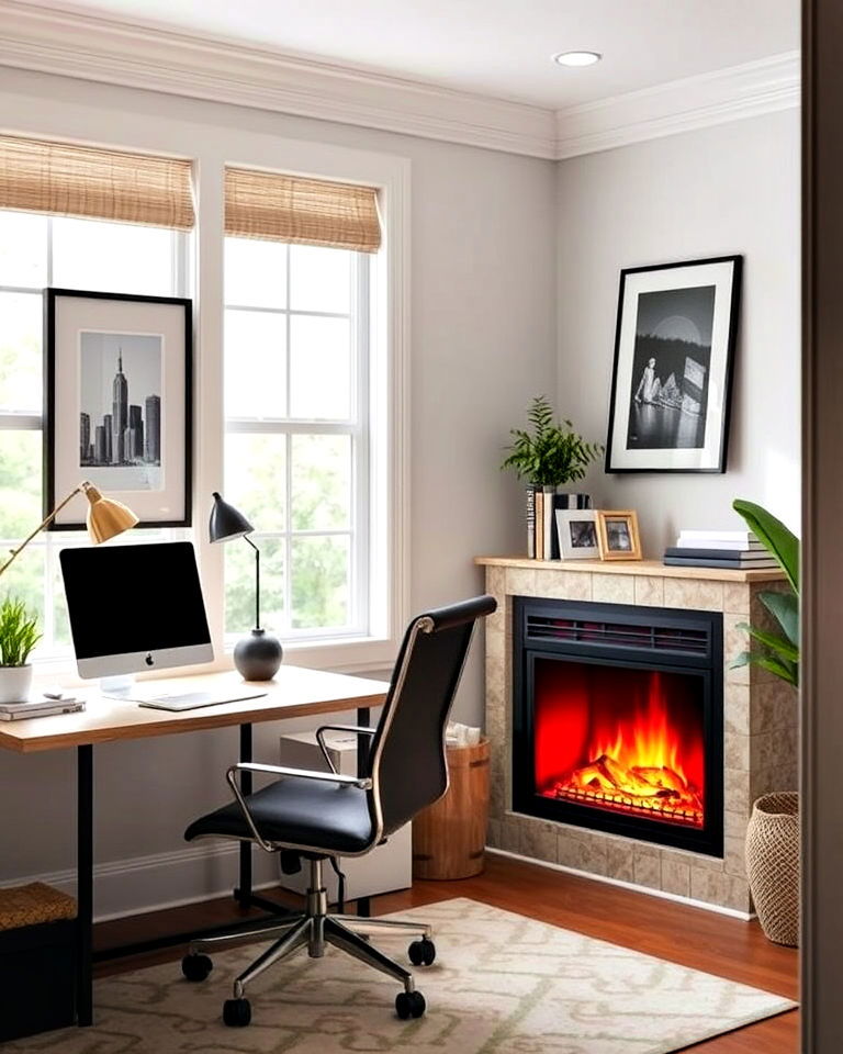 compact office with corner electric fireplace