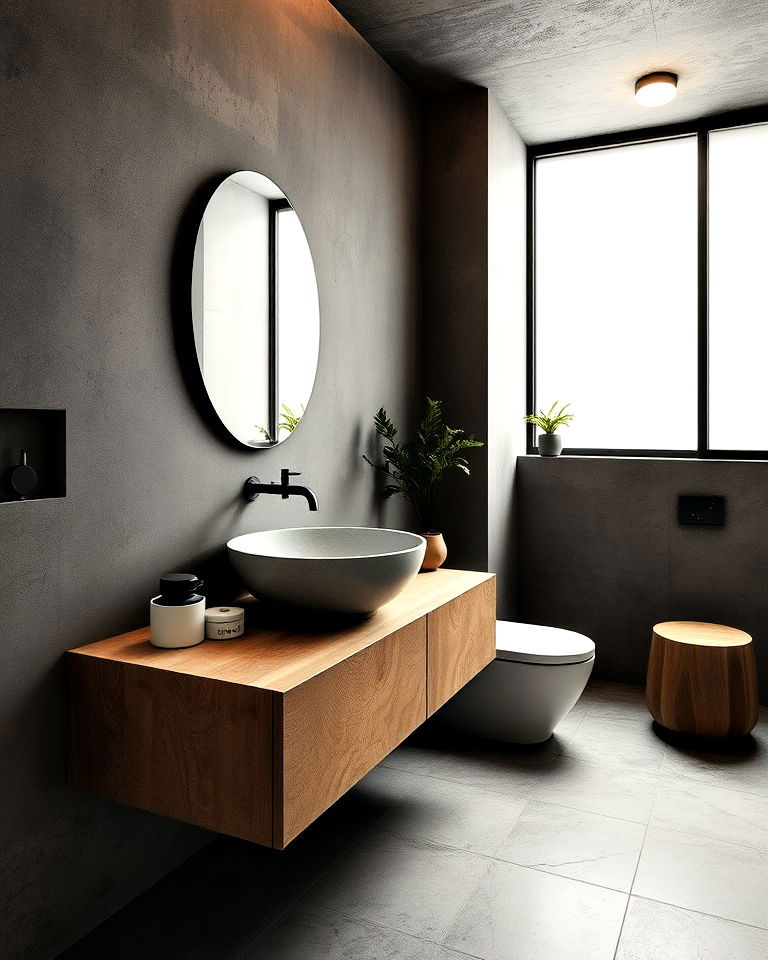 concrete and wood combination japandi bathroom