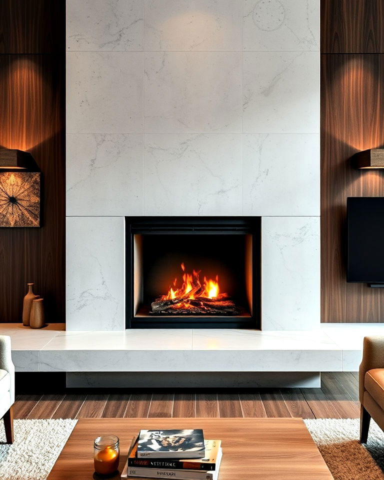 concrete backsplash fireplace