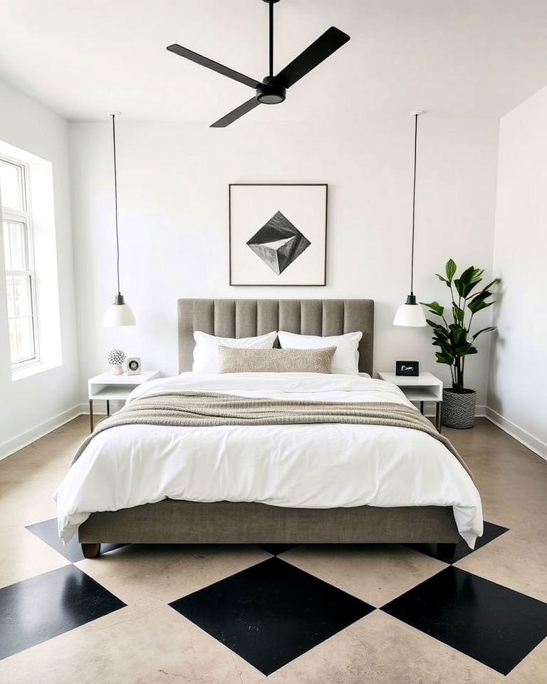 concrete bedroom floor with geometric designs