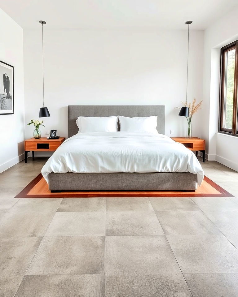 concrete bedroom floor with wood inlays