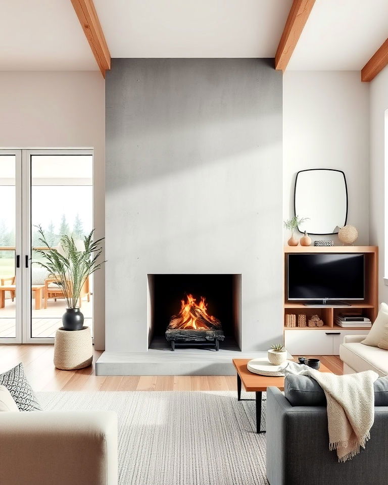 concrete fireplace with industrial edge