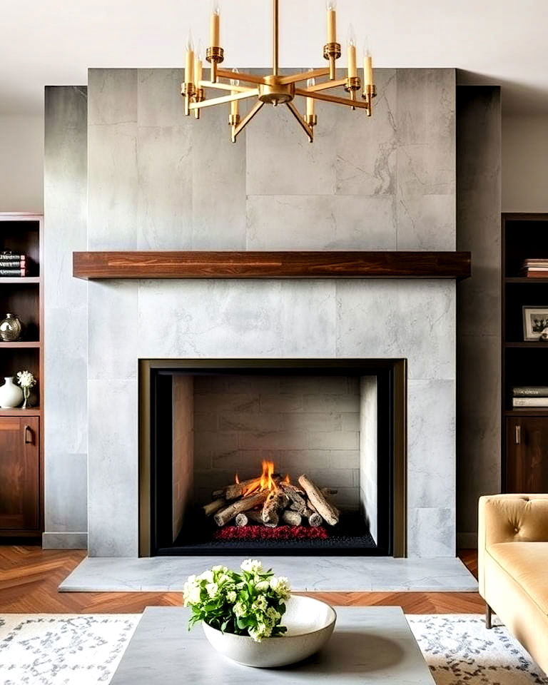 concrete fireplace with metal accents