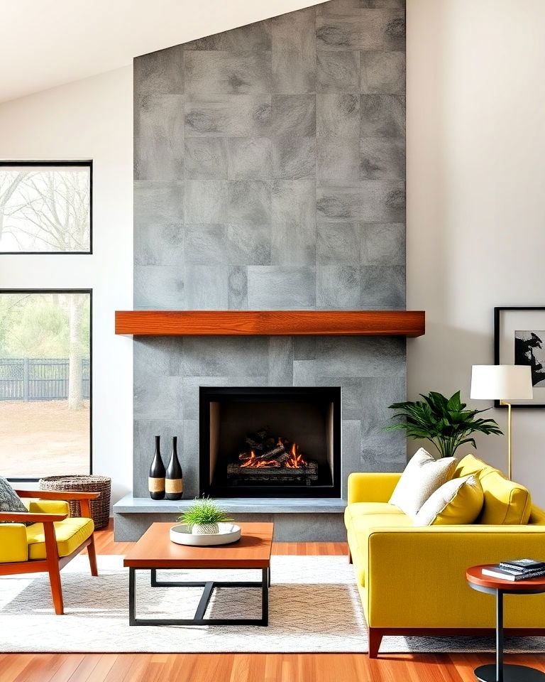 concrete fireplace with wood mantel idea