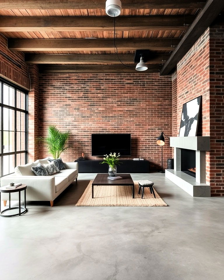 concrete floor with exposed brick walls