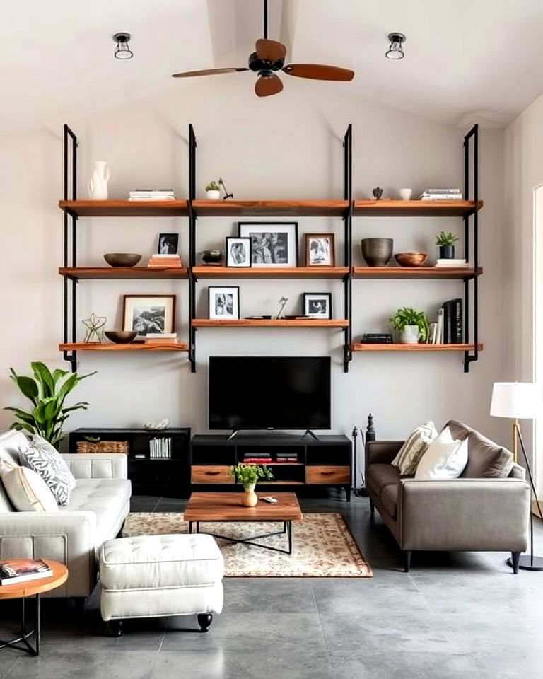 concrete floors with open shelving