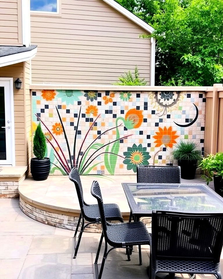 concrete patio with artistic mural wall